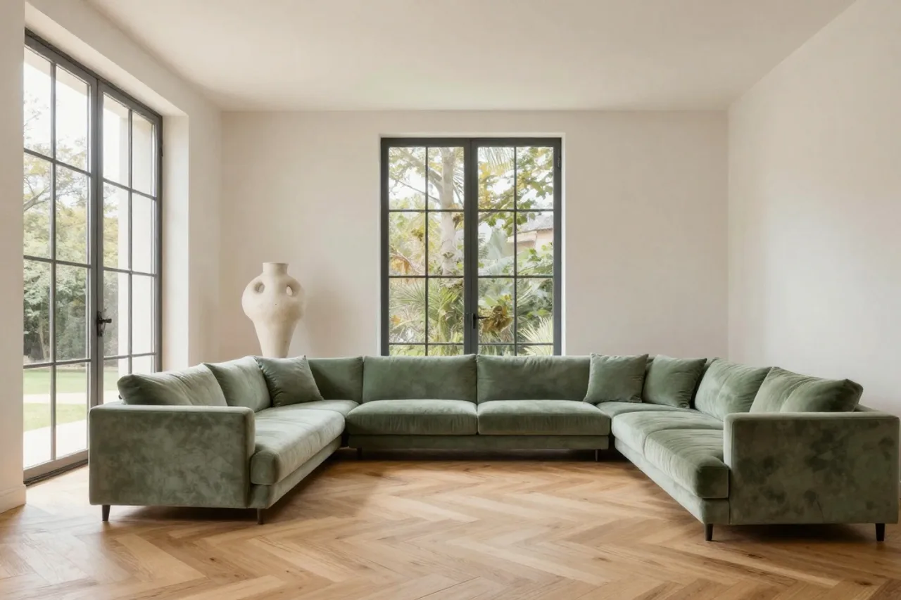 Salon contemporain aménagé par ATELIER LIGNE, canapé velours sauge et lumière naturelle