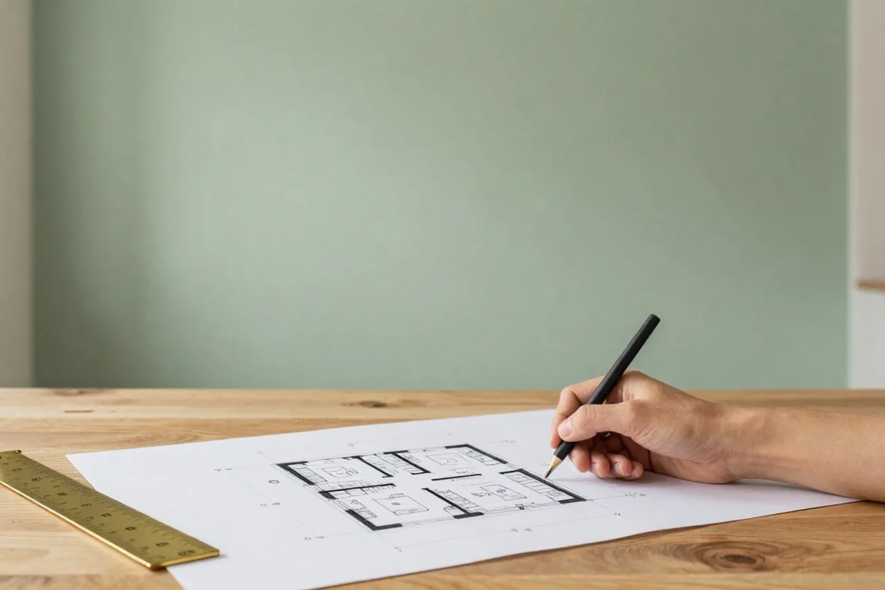 Plan d'aménagement dessiné à la main sur papier calque, atelier d'architecture d'intérieur