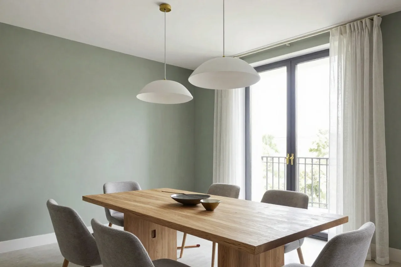 Salle à manger aménagée, table en chêne et suspensions sculpturales