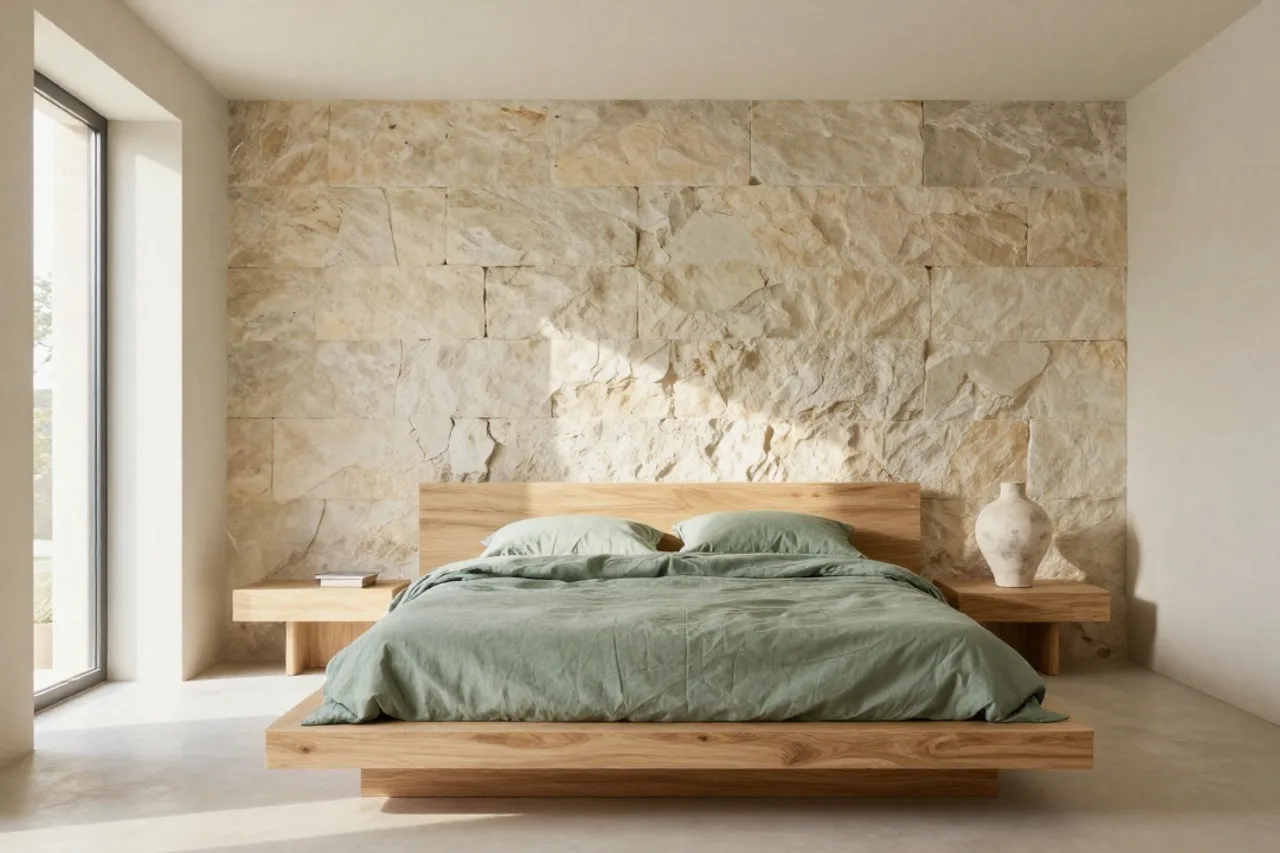 Chambre minimaliste, lit bas en chêne et linge de lit en lin sauge