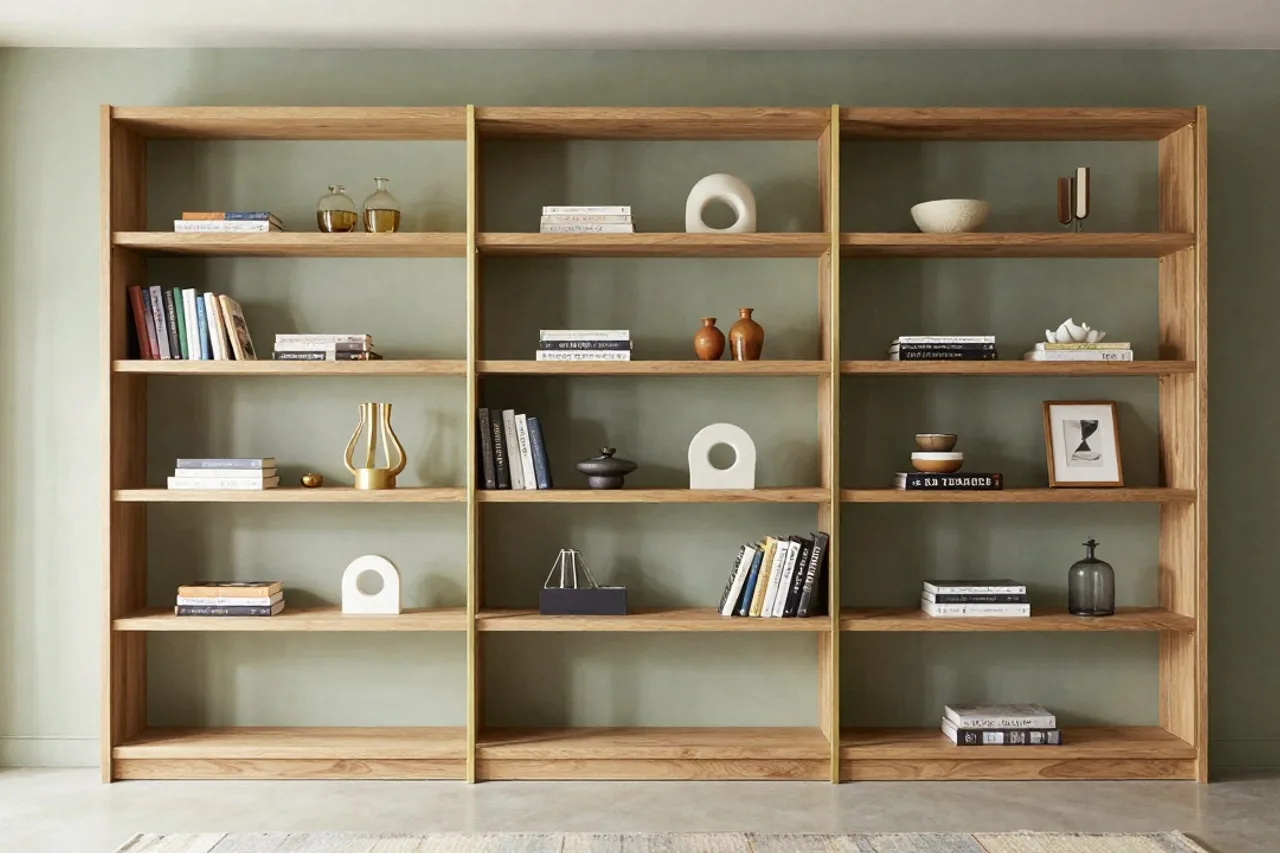 Bibliothèque sur-mesure en chêne avec détails en laiton, mur sauge